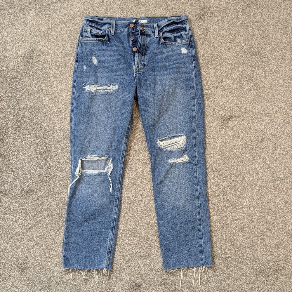 FOREVER 21 Blue Denim High-Rise Distressed Straight Leg Jeans; Size 27